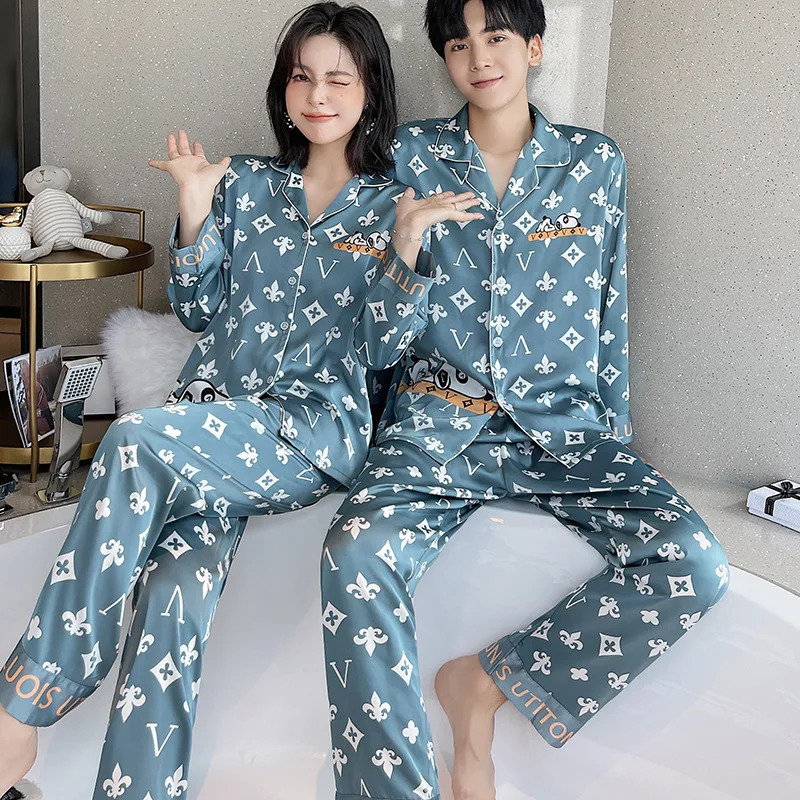 Couple's Home Wear Long Sleeve Thin Artificial Silk Cardigan Korean Style Cartoon Home Outer Wear Large Size Pajamas