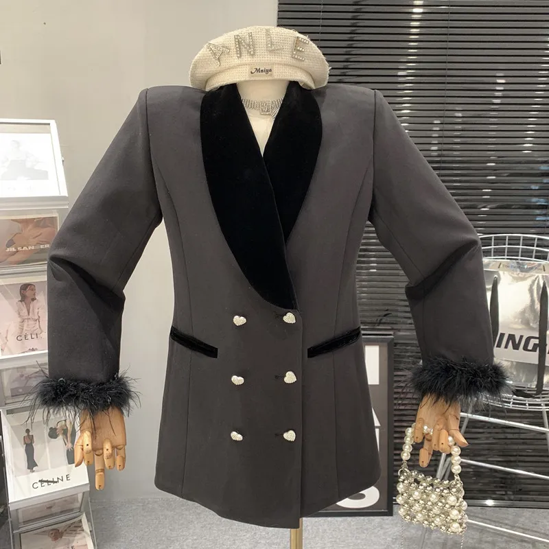 

Design sense feather patchwork sleeve Vintage double breasted versatile slim long sleeved suit jacket