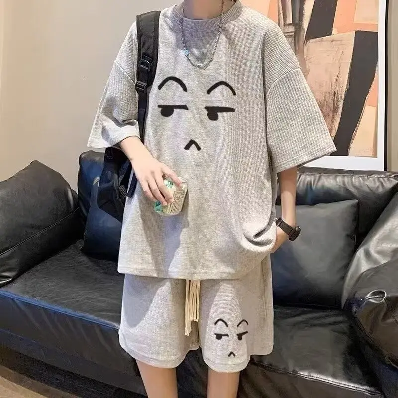 High Street Fashion Waffler Round Neck Summer Casual Suit Men Loose Short Sleeved Shorts Youth Loose Comfortable Two Piece Set