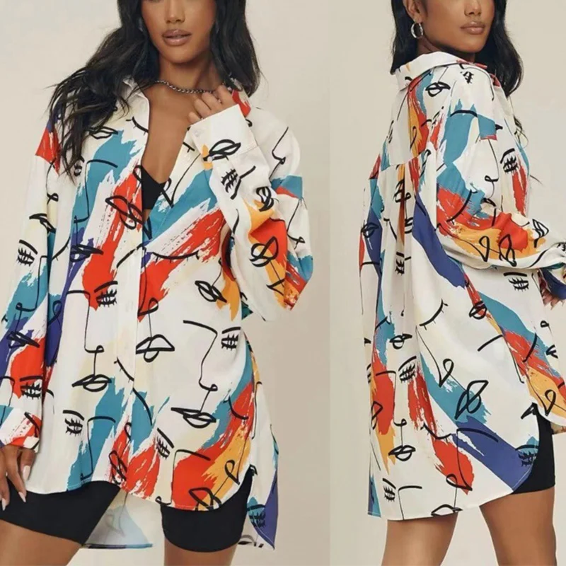 Spring Autumn Polo-neck Fashion Printing Long Sleeve Shirt Women Loose Casual Harajuku Y2K Blouse Femme Irregular Pullover Top