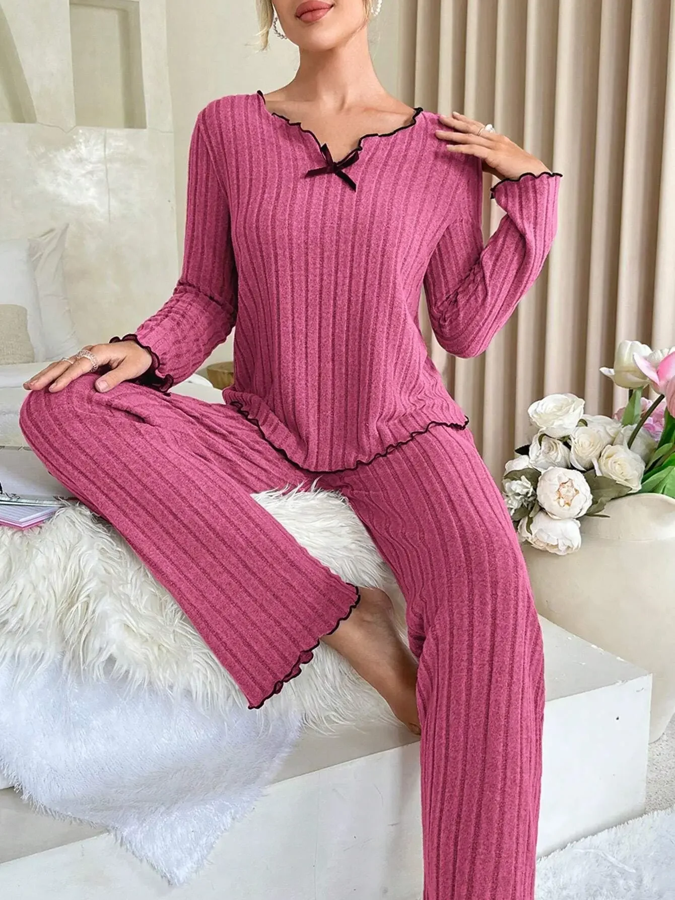 Mulheres outono inverno pijamas com nervuras conjunto de manga longa topo e calças compridas 2 peça conjunto casual homewear loungewear 6