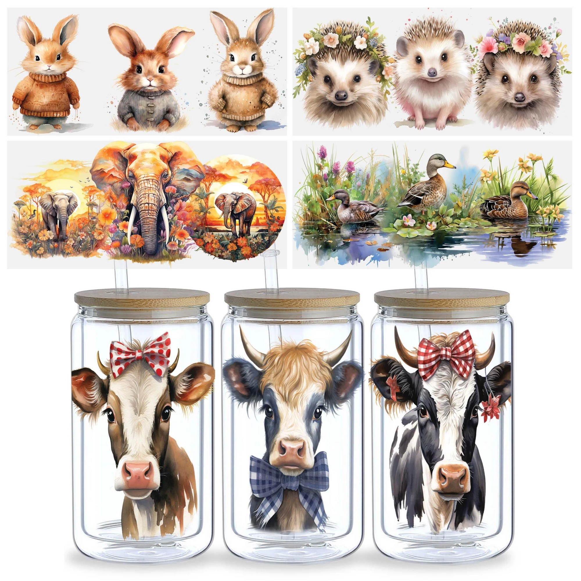 5 Sheets Rabbit Hedgehog Cow Duck Elephant Animal UV DTF Glass Cup Packaging Wipe-On Transfer Stickers for 16 Ounces Glass