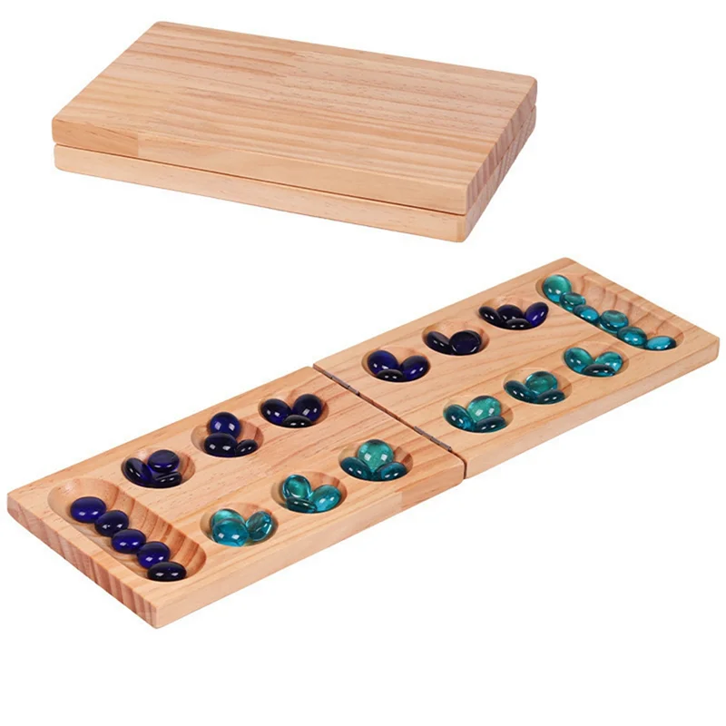B78B-Gioco da tavolo Mancala in legno pieghevole per età superiore ai 7 anni Gioco di strategia classico con perline multicolori per famiglia, feste e viaggi - immagine 4