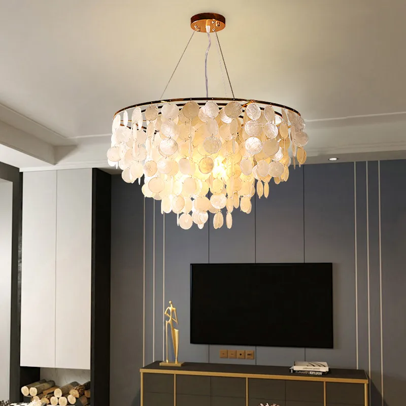 

Modern Shell Chandelier Gold/Chrome Metal Living Room Restaurant Hanging Light Fixtures Hotel Hall Hanglamp Luminaire Suspension