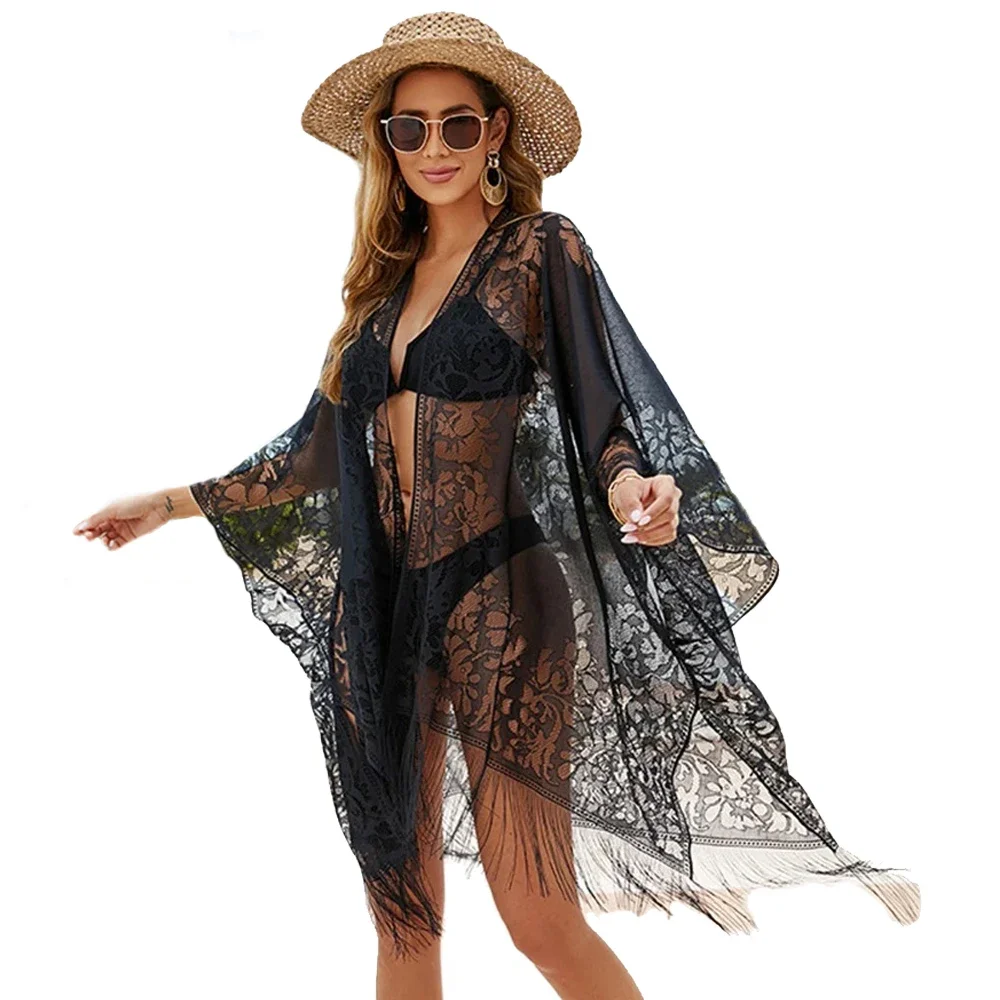 

Women's Lace Bathing Suit Floral Loose Tassels Coverups Beach Swim Bikini Kimono Cardigan Cover Ups Blouse Swimwear Resort Wear