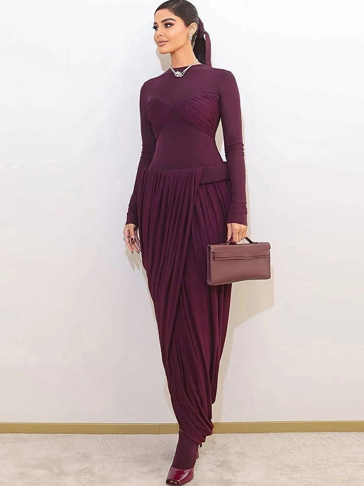 Nibber Splits Hem Dress Woman Mesh Patchwork o-Neck Full Sleeve Irregular Ruched Midnight Prom Party Elegant Skinny Vestidos