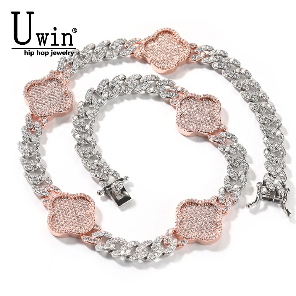 UWIN Round CZ Four Leaf Clover Chain With 9mm Cuban Chain Full Iced Out  CZ Cubic Zircon Fashion Luxurious Choker HipHop Jewelry