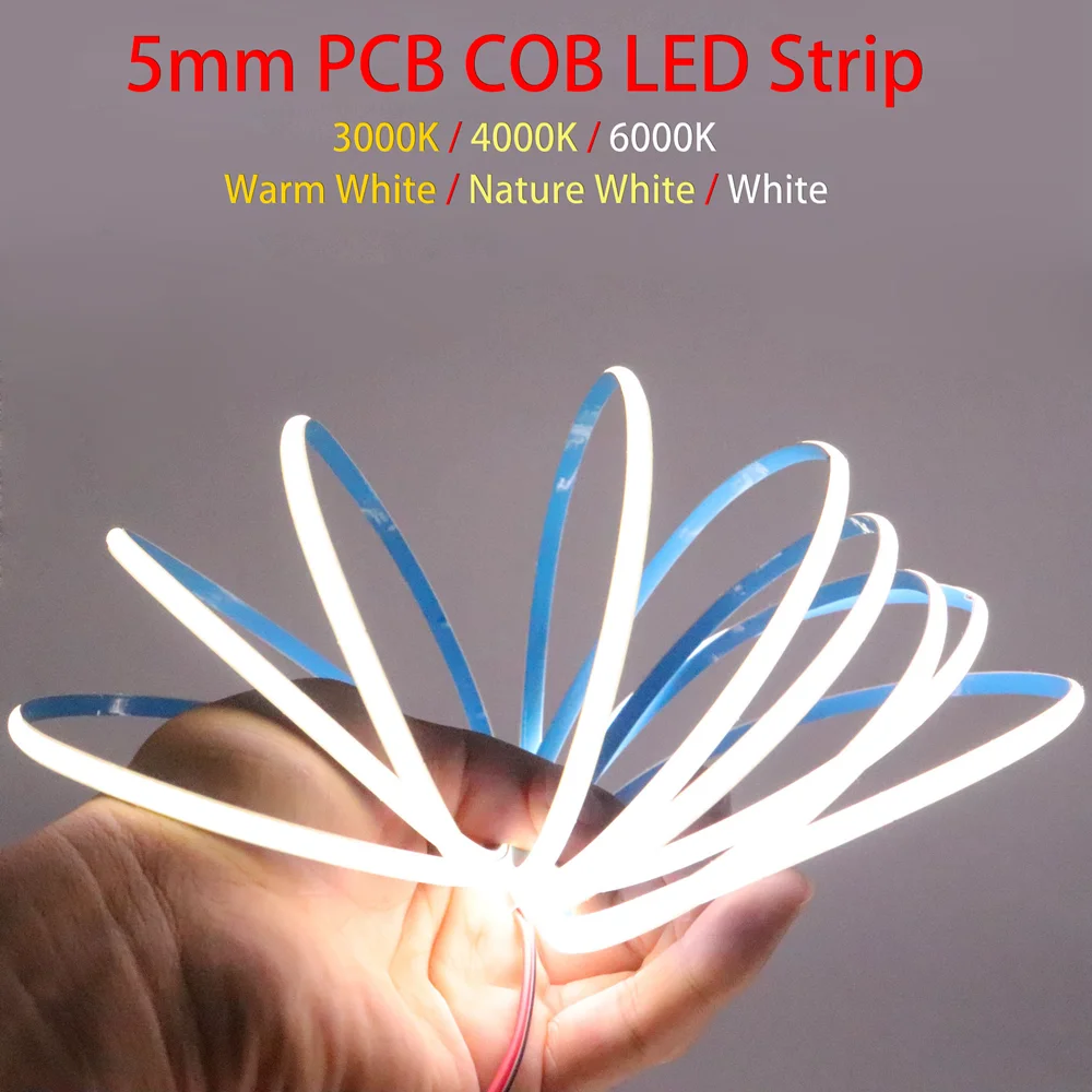 Super Thin 5mm COB LED Strip 384LEDs/m Soft Flexible DC12V/24V Light Bar Warm Cold White for Decor Lighting 3000K 4000K 6000K striplights