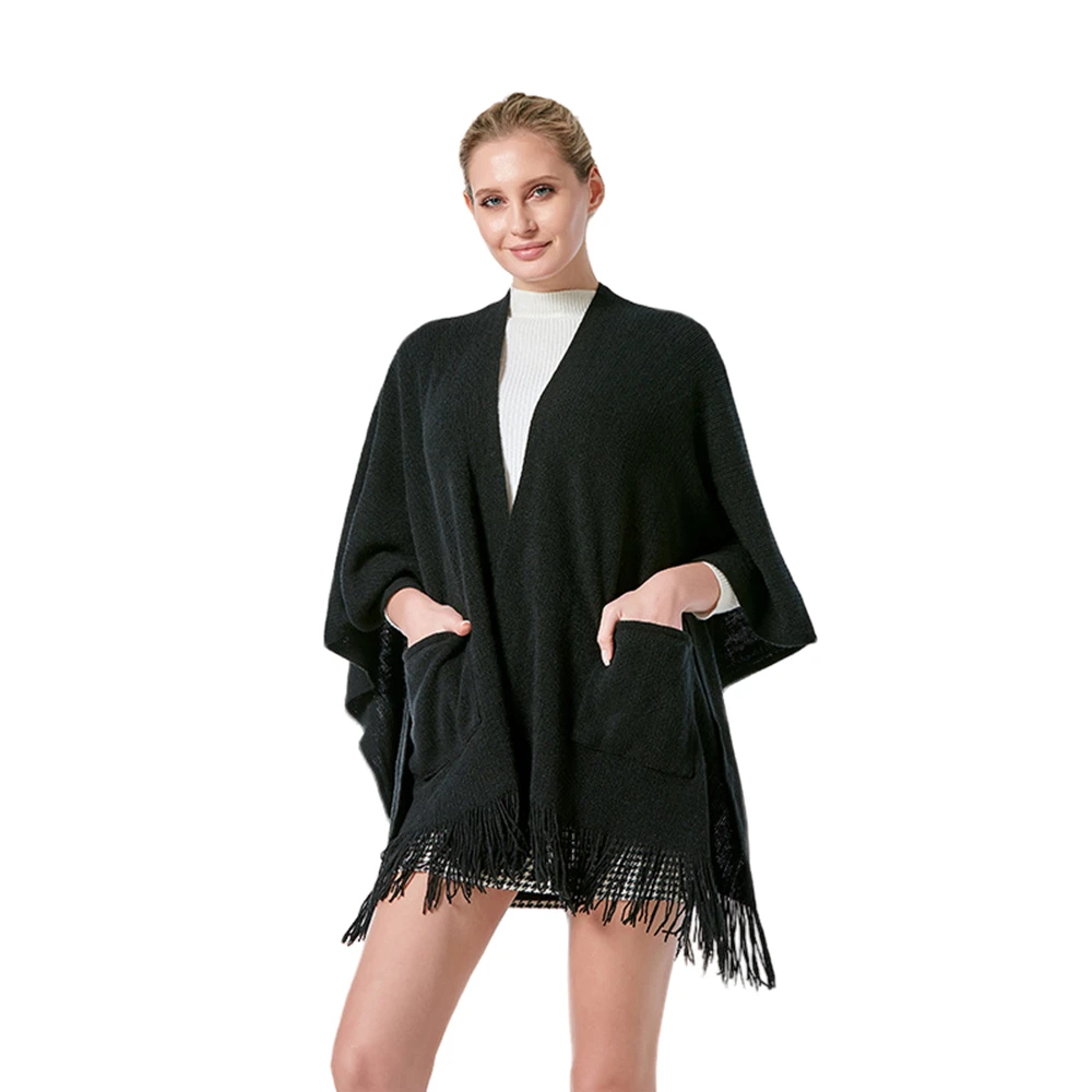 Women Spring Autumn Solid Color Shawl Lady Knitted Tassels Cardigan Coat Loose Woolen Yarn Wrap with Pocket Fall Winter Scarf women cashmere feeling shawl lady classic plaid cape spring autumn retro cardigan winter cloak with tassels soft large blanket