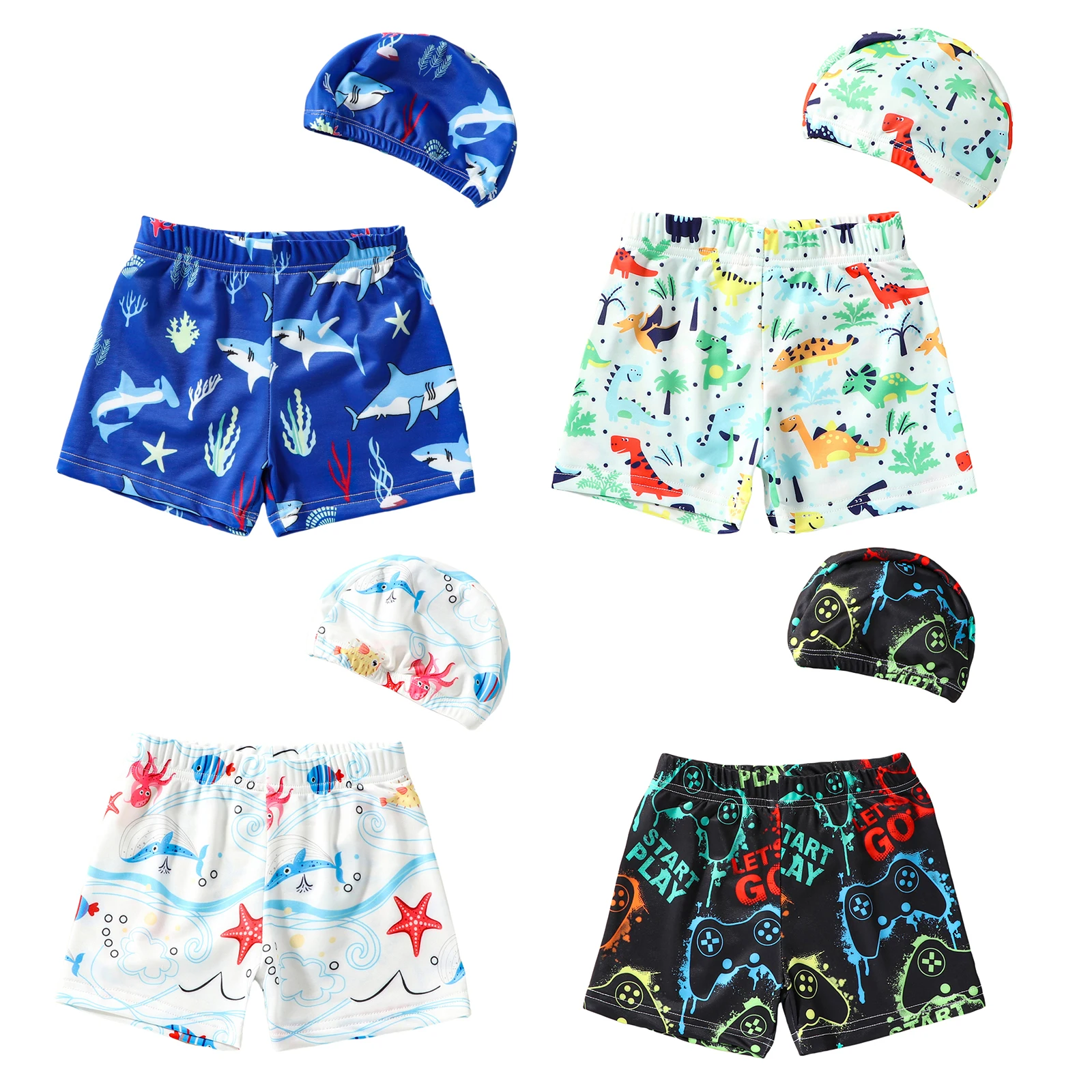 Kids Boys Swim Shorts Shark/Dinosaur/Starfish/Gamepad Print Swim Trunks Swimsuit Bathing Suit with Swim Cap 2-6T 1