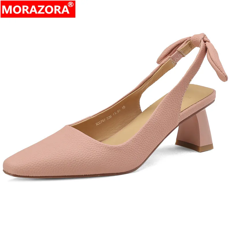 

MORAZORA 2024 New Butterfly Knot Genuine Leather Sandals Woman Slip On Ladies Slingbacks Dress Shoes Thick Med Heels Sandals