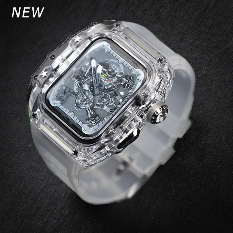 Glacier Case For Apple Watch 49mm 45MM 44MM Transparent Mod Kit  For iWatch Series Ultra 8 7 6 5 SE Silicone Fluororubber Strap