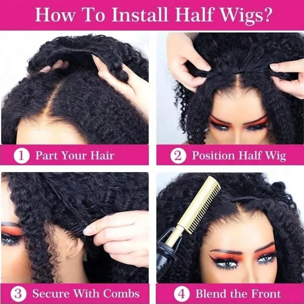 22 Inch Half Wig Human Hair Water Wave Wigs Curly Half Wig 3 In 1 Adjustable Drawstring Seamless Flip Over Invisible Hairline