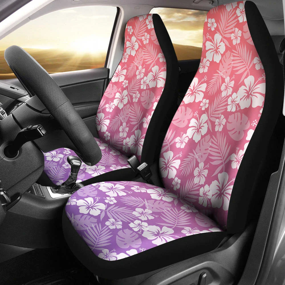 

Purple and Coral Ombre Car Seat Covers With White Hibiscus Flower Patt,Pack of 2 Universal Front Seat Protective Cover