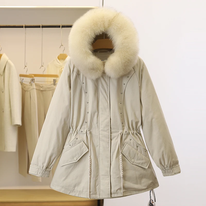 

Women's winter coats long thick padded coat fur hooded beige