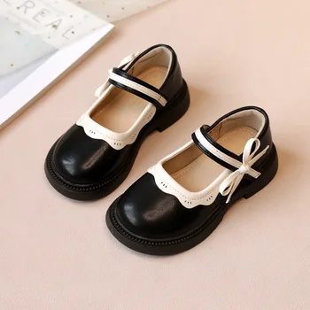 Autumn New Girl Leather Shoes Bowtie Black Beige School Causal Children Flat Elegant Round Toe Fashion Patchwork Kids Mary Janes 1