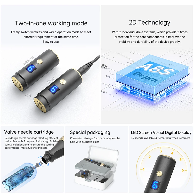 Dr Pen A8S Wireless Miscroneedles Derma Pen A8 With 32pcs Dr Needle Cartrdiges 6 Digital Speed Beauty Machine derma roller microneedling derma pen microneedling needle cartridge derma stamp microneedling cartridge facial needles