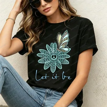 Vintage Boho Peace Symbol Flower Butterfly Womens T Shirt Fashion Summer Short Sleeve Let It Be Slogan Floral Casual Daily Tees 4
