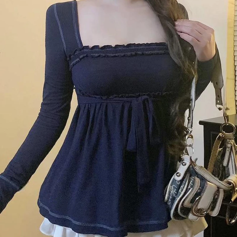 Cottage Fairy Y2k Front Tie-up Milkmaid Tops Women Babydoll T-shirt 90s Vintage Square Collar Long Sleeve Peplum Blouse Tees 2