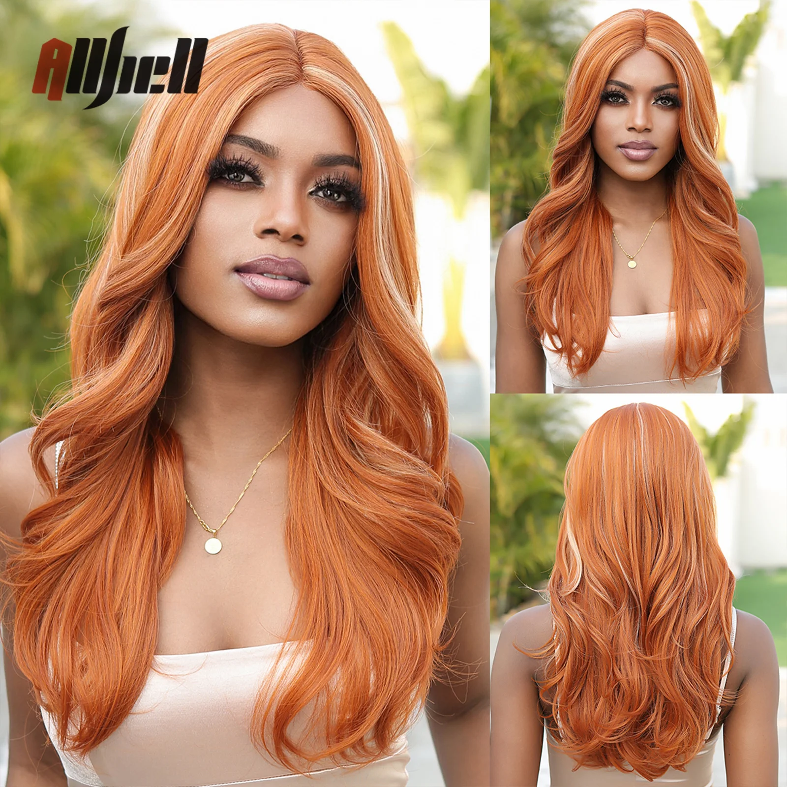 

Synthetic Long Wavy Orange Lace Front Wigs Blonde Highlight Copper Ginger Cosplay Daily Natural Hair for Women Heat Resistant