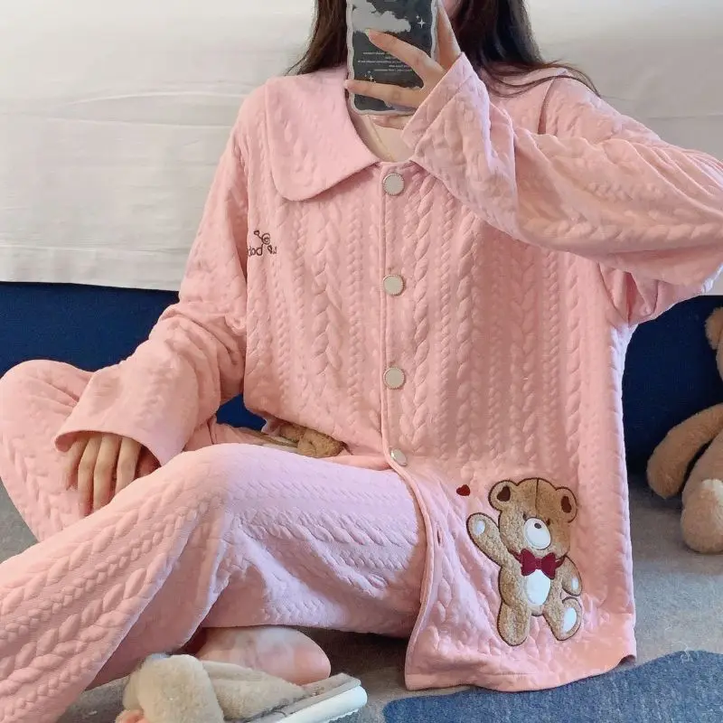 2023 New Autumn Winter Air Cotton Pajamas Women's Thick Cotton Sleepwear Long Sleeves Sweet Cardigan Set Autumn Warm Loungewear