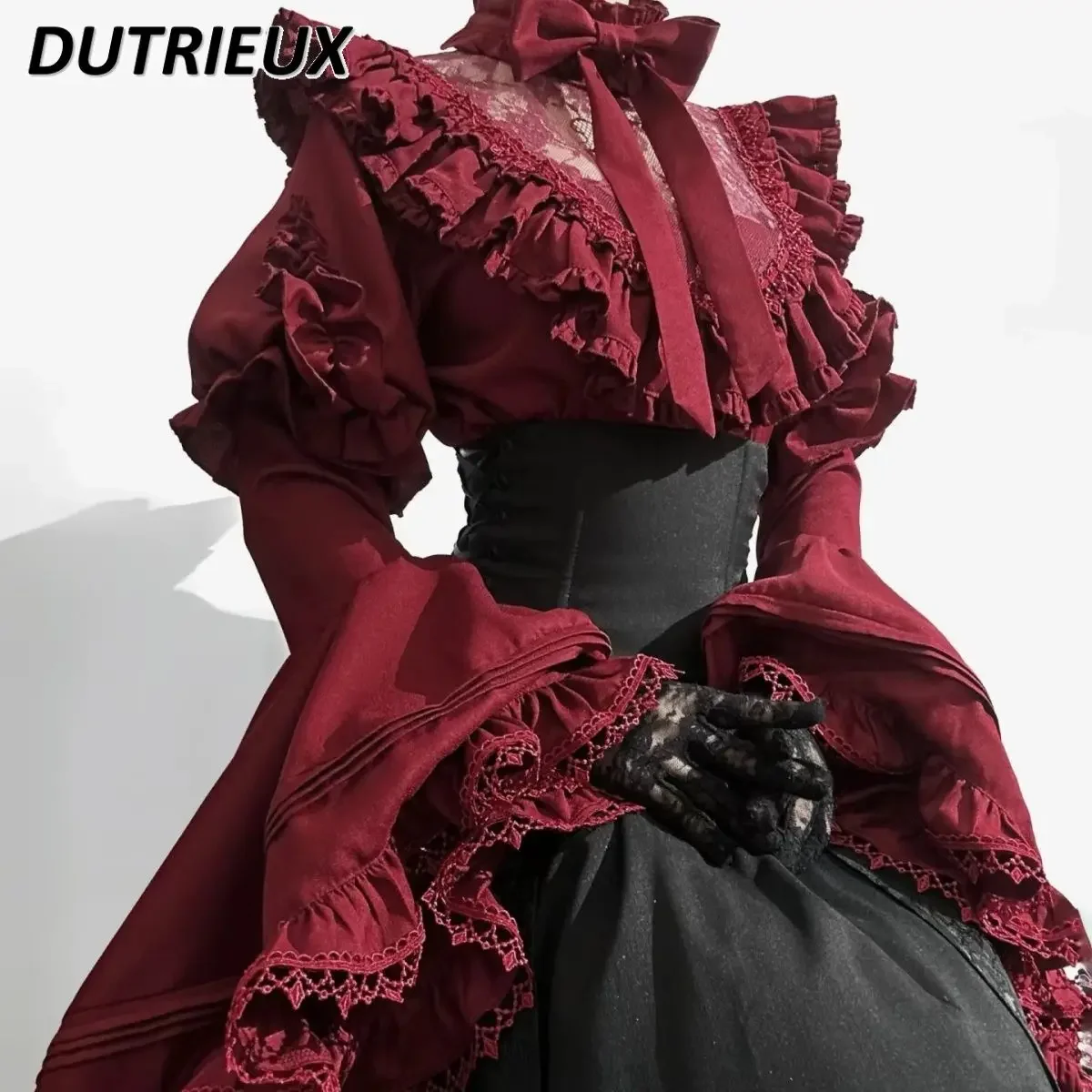 Japanese Lolita Gothic Sweet Girls Solid Color Long-sleeve Shirt Gorgeous Elegant Versatile Top and High Waist Long Skirt 6