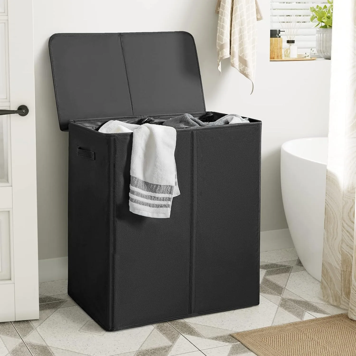 Clothing Sorting Basket WOWLIVE 154L Double Laundry Hamper with Lid and Removable Laundry Bags Large Dirty Clothes Hamper 2 section Collapsible