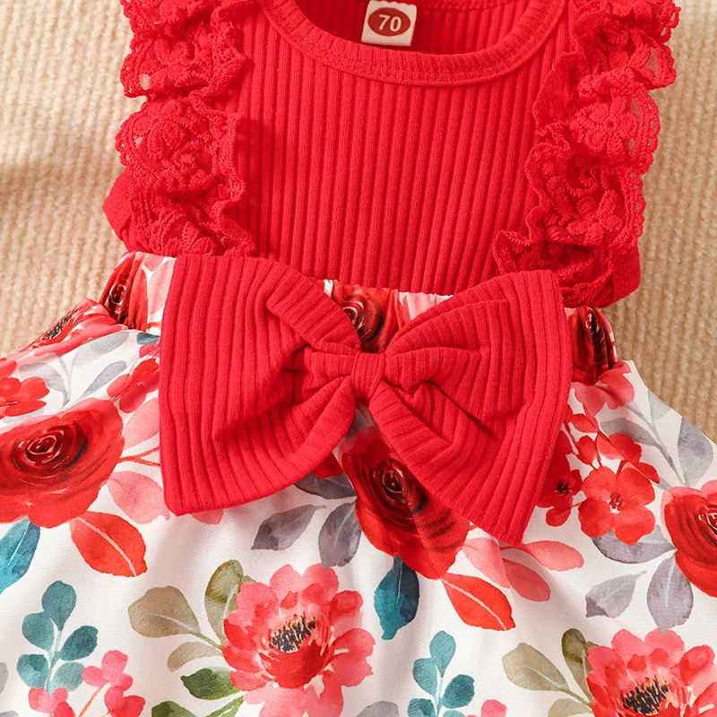 2pcs Infant Baby Girls Romper Dress Patchwork Flower Print Lace Sleeveless/Long Sleeve Crew Neck Front Bowknot Jumpsuit Headband girls dress baby jumpsuit baby girl dress