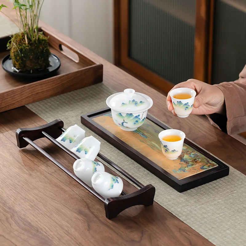 2pcs Kung Fu Tea Tray Set Bamboo Tea Cup Holder Dual Purpose Suction Cup Holder Drainer Accessories Storage