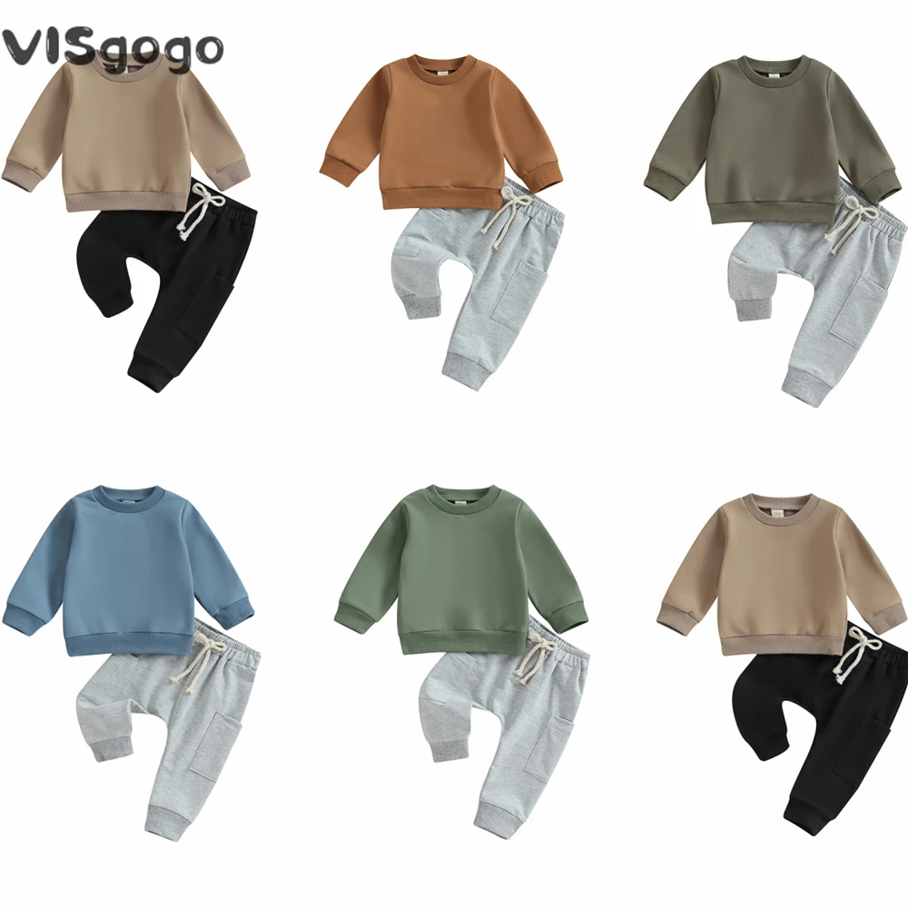 

VISgogo 2Pcs Toddler Boys Spring Fall Clothes Outfits Solid Color Crew Neck Long Sleeve Sweatshirts and Long Pants Casual Set