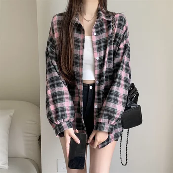 Women Tartan Shirt Long Sleeve Collared Button Up Oversized Plaid Shirt Flannel Jacket Grunge Teenage Girl Spring Summer Outfit 3