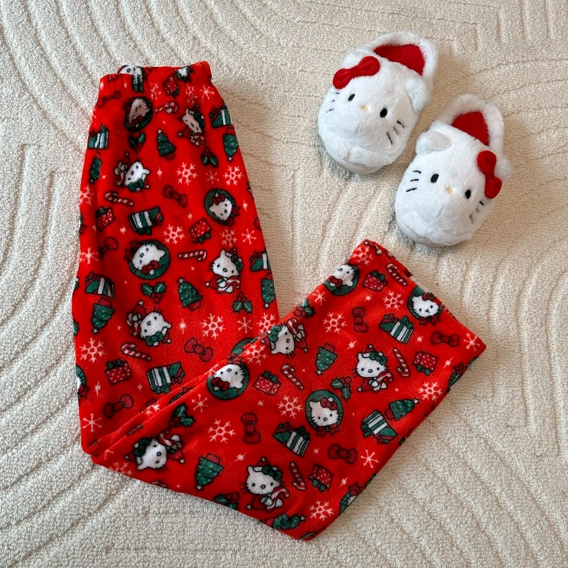 

Christmas Pants Sanrio Hellokitty Flannel Winter Thicken Keep Warm Pajama Pants Coral Fleece Loungewear Halloween Christmas Gift