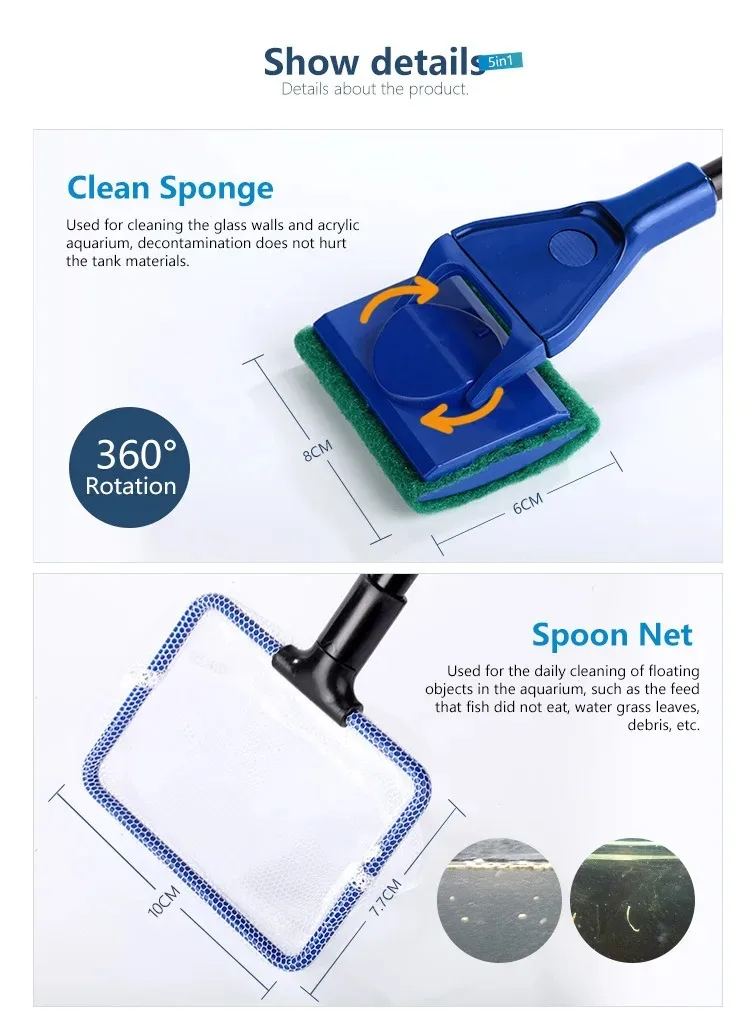 Description Picture 5 of item5 in 1 Multifunction Aquarium Cleaning Tools Fish Net Gravel Rake Algae Scraper Fork Sponge Brush Glass Fish Tank Cleaner Set