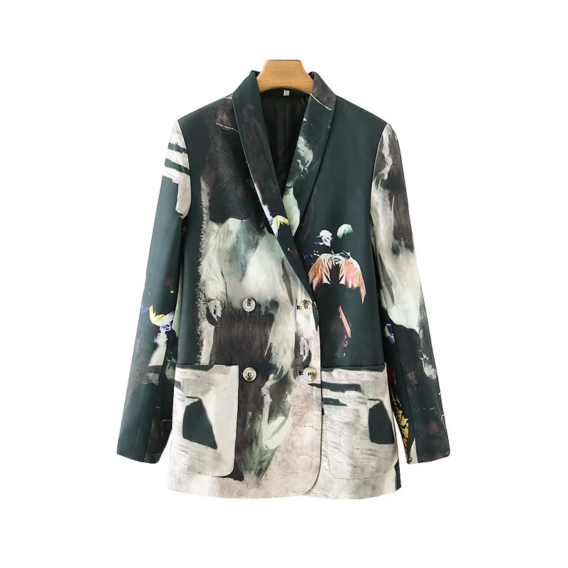 

Женский двубортный блейзер с принтом, винтажный пиджак средней длины с карманами, в стиле пэчворк, весна, T061