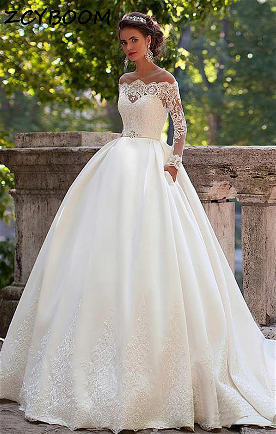 

Elegant O-neck Appliques off Shoulder Lace Ball Gown Wedding Dresses For Women 2024 Court Train Bridal Gowns Vestido De Noiva