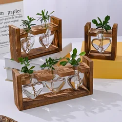 Wooden Frame Glass Vase Hydroponic Plant Vase Vintage Flower Pot Table Desktop Bonsai  Heart Shape Home Decoration Wedding Vase