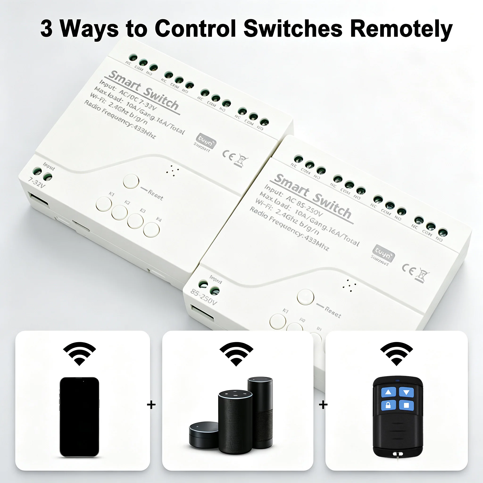 4-Channel WiFi Smart Relay Switch Module, Wireless Control, Multi-Voltage 2200W, RF433 Receiver, Tuya Alexa Compatible