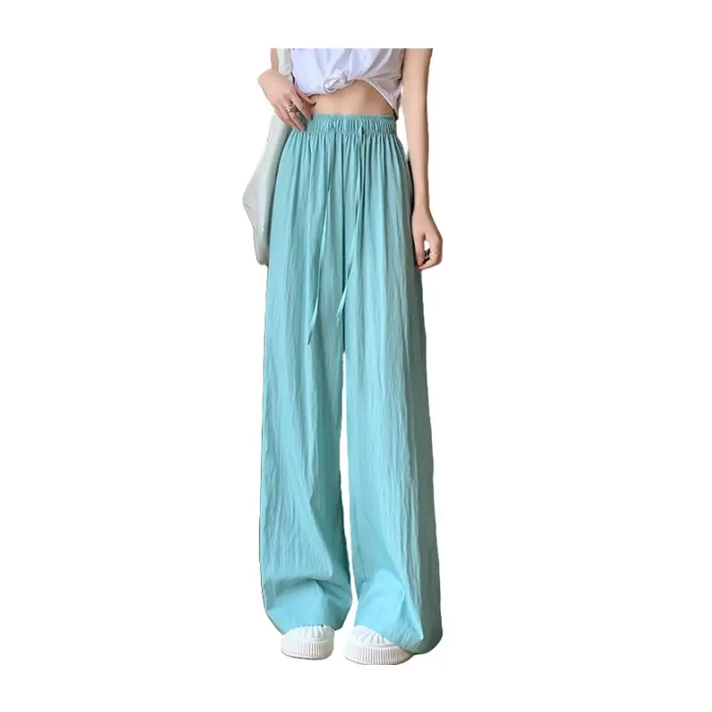 Women’s ice silk high waist wide leg loose summer trousers blue