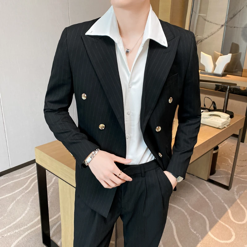 

Костюм женский двубортный в полоску, повседневный маленький костюм из блейзера и брюк, стиль «Posh Sense», британская молодежная мода, комплект из двух предметов, 2023
