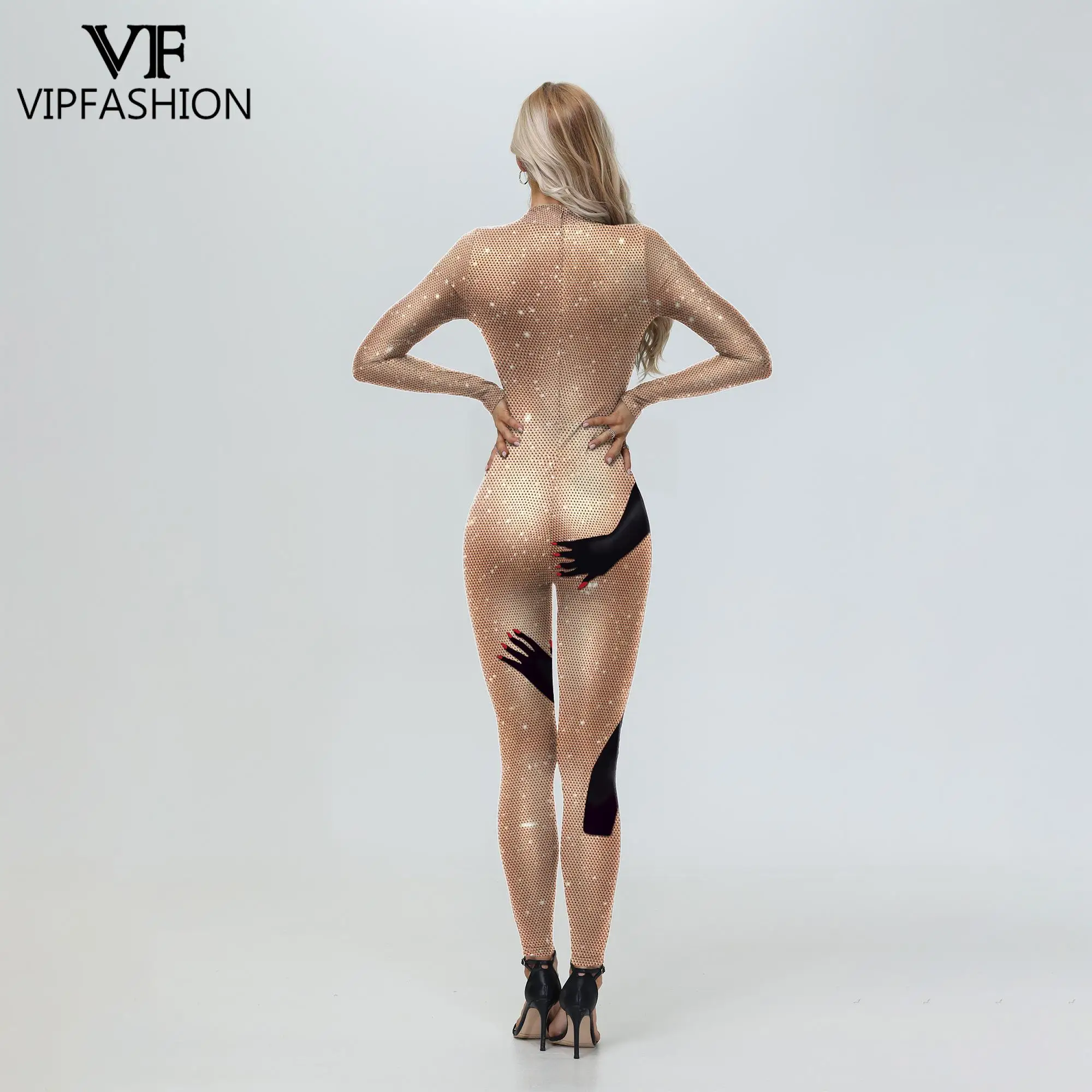 VIP FASHION Rhinestone Print Jumpsuit for Women Sexy Party Bodysuit Festival Party Catsuit Red Black Skin Color Lady Zentai Suit