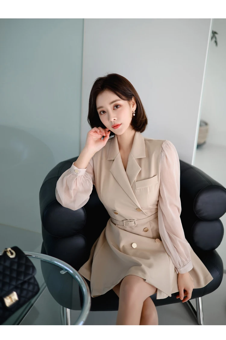 Spring Korean Elegant A-Line Dress Fashion Suit Collar Double Breasted Women Simple Business Casual Dresses Party Vestidos