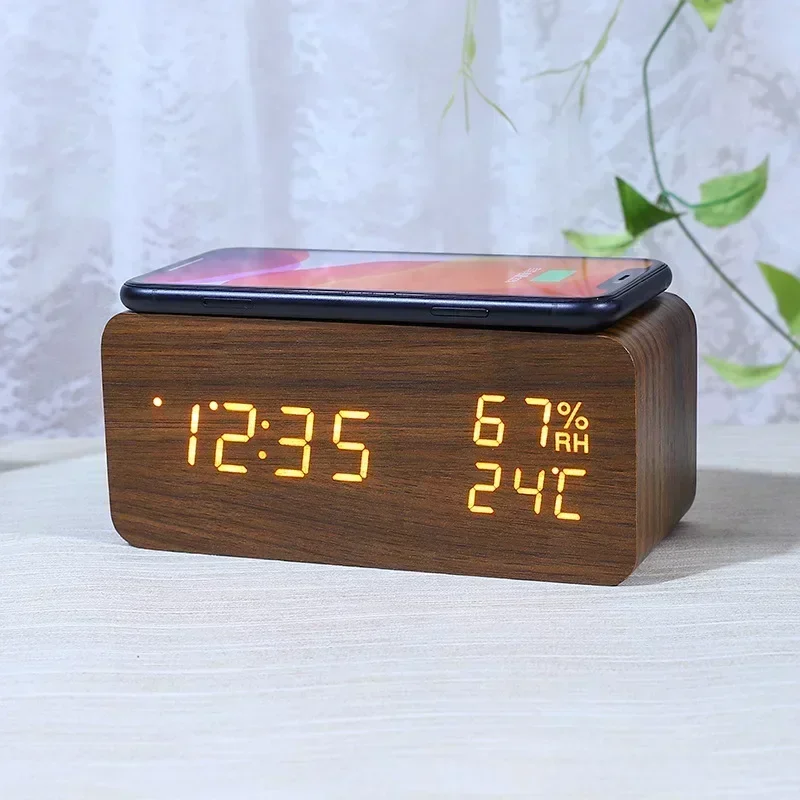 

Humidity For Wireless Charging Alarm Bedroom Display Desk Wooden Thermometer Table Digital Clock