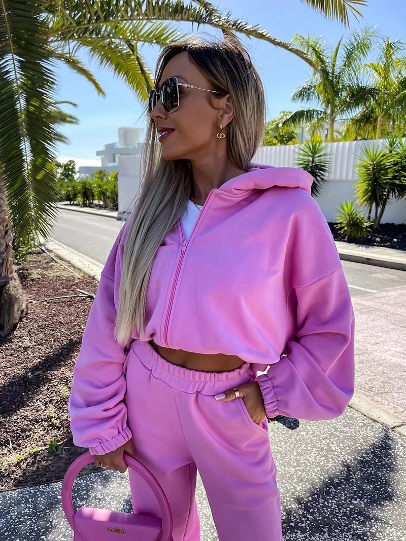 

2023 New Spring and Autumn Women's New Sports Clothing Casual Hooded Solid Zipper Sweater Set Fashion Casual Lady Two Piece Set