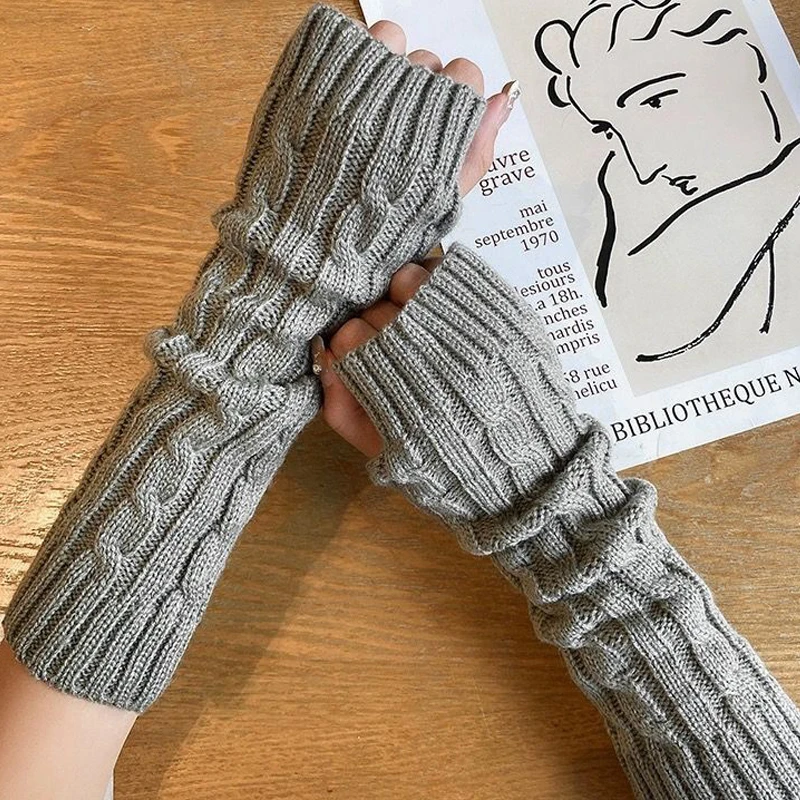 Dough Twists Knitted Long Gloves Women Winter Warm Embroidered Fingerless Glove Female Punk Gothic Soft Mitten Arm Sleeve