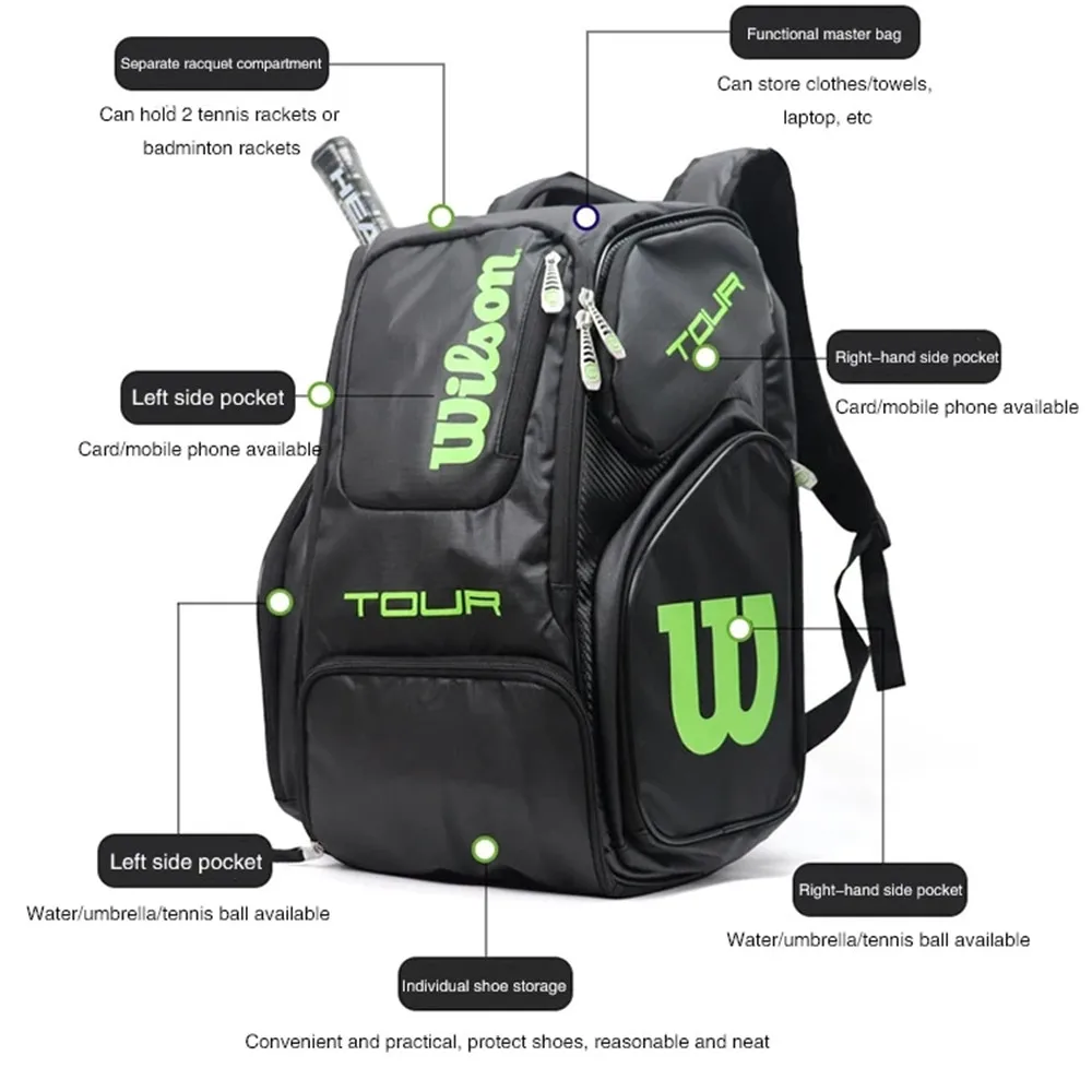 Wilson Tennis Bag Holds 2 Tennis Rackets Tennis Backpack Daily Portable Court Racket Bag Men Women Padel Sports Backpack 2