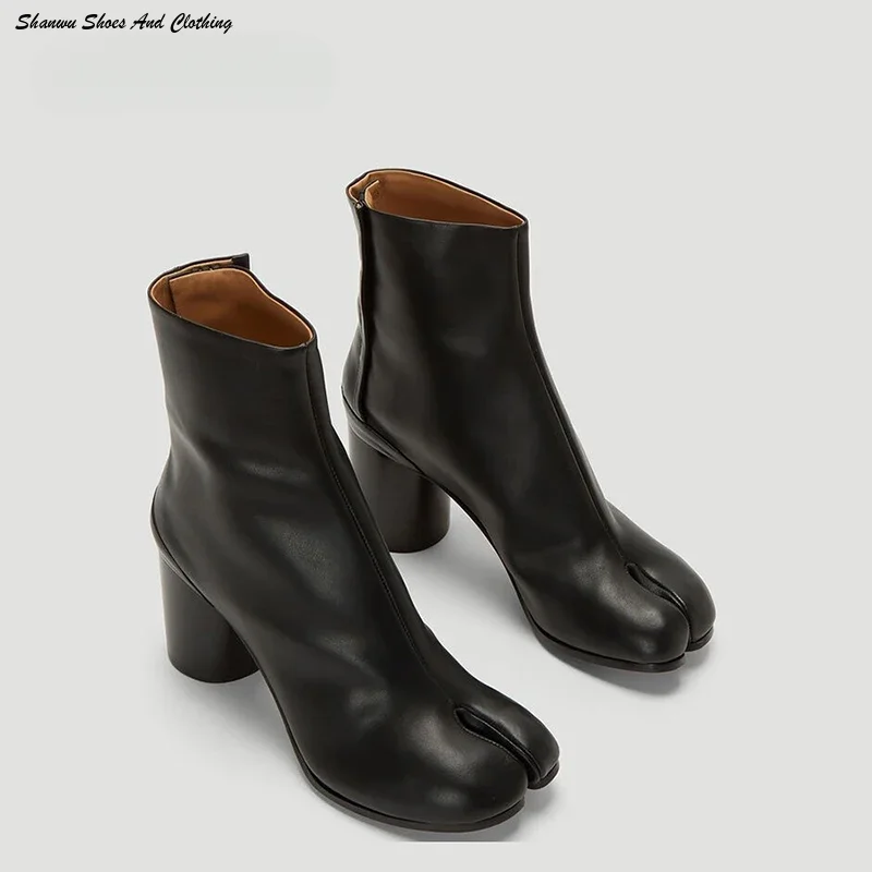 

Botas de couro de dedo dividido para mulheres, sapatos de salto alto, Tabi Design, marca de moda, outono, ankle rubber boots