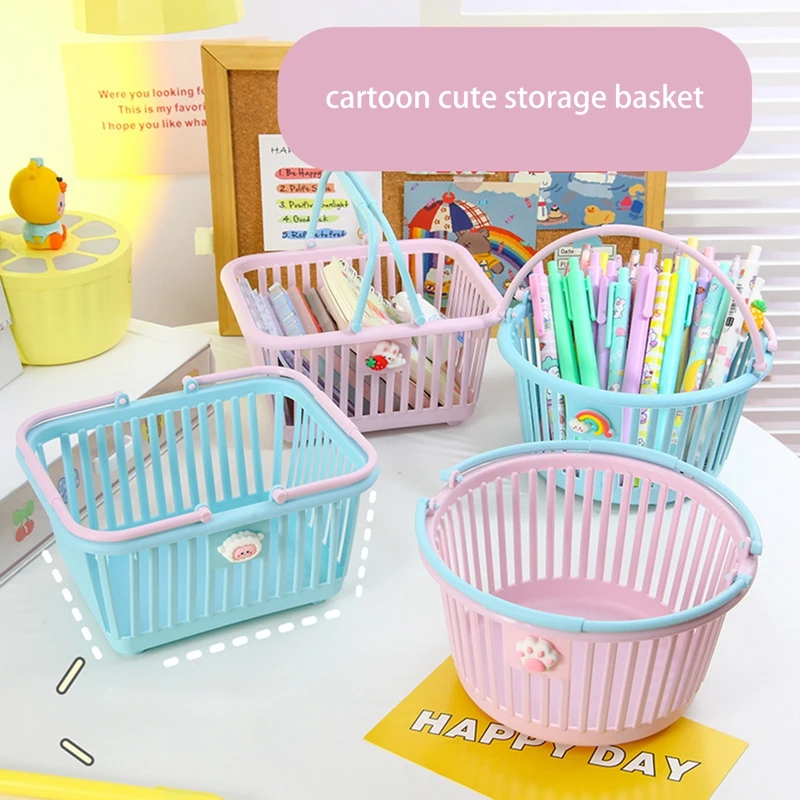 New 11 Colors Mini Pen Holder Blue Pink Color Desktop Shopping Basket Plastic  Storage Basket Bedroom Desktop Organizing Basket