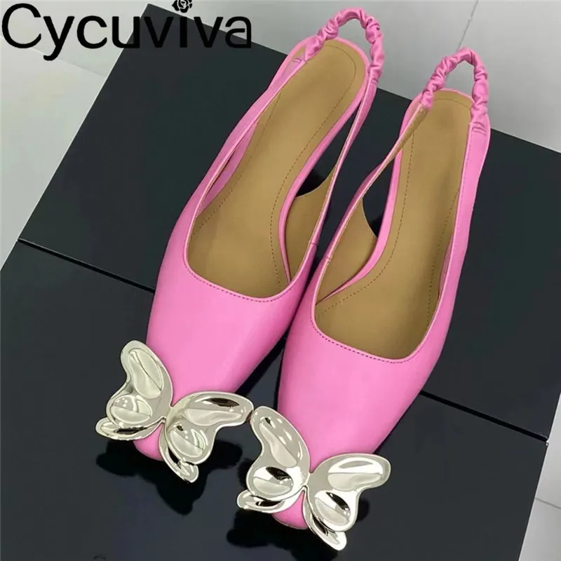 New Pink Kitten Heels Women Leather Shoes Square Toe Silver Metal Butterfly Middle Heel