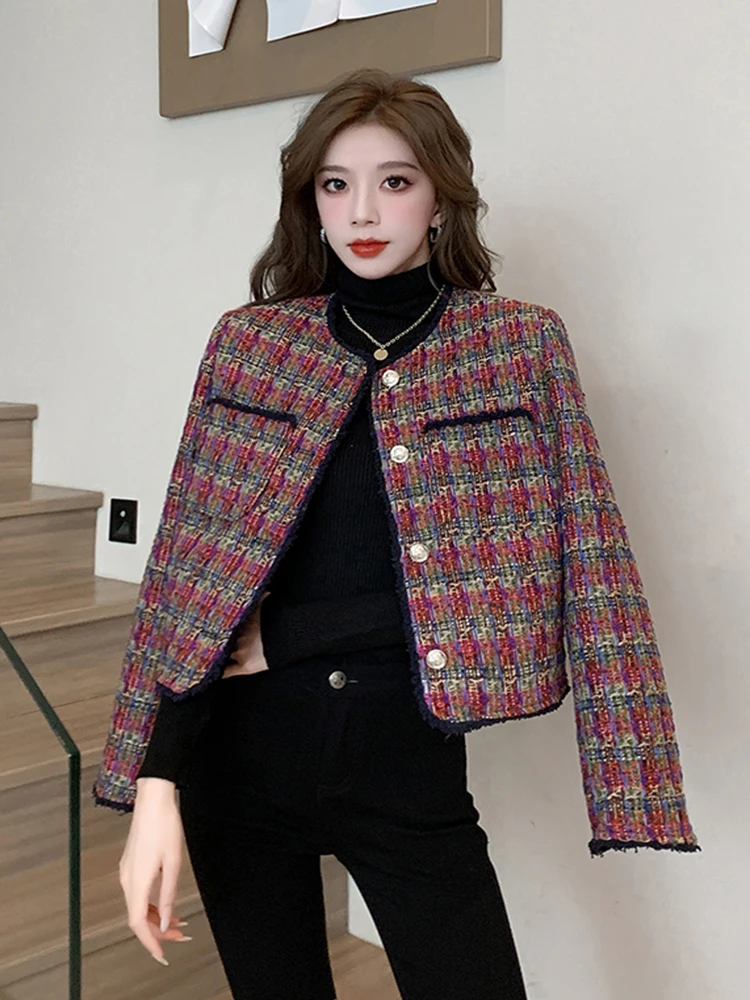 

New Designer Spring Fashion Women O Neck Single Breasted Woolen Coat Vintage Autumn Winter Plaid Weave Short French Jacket Tops