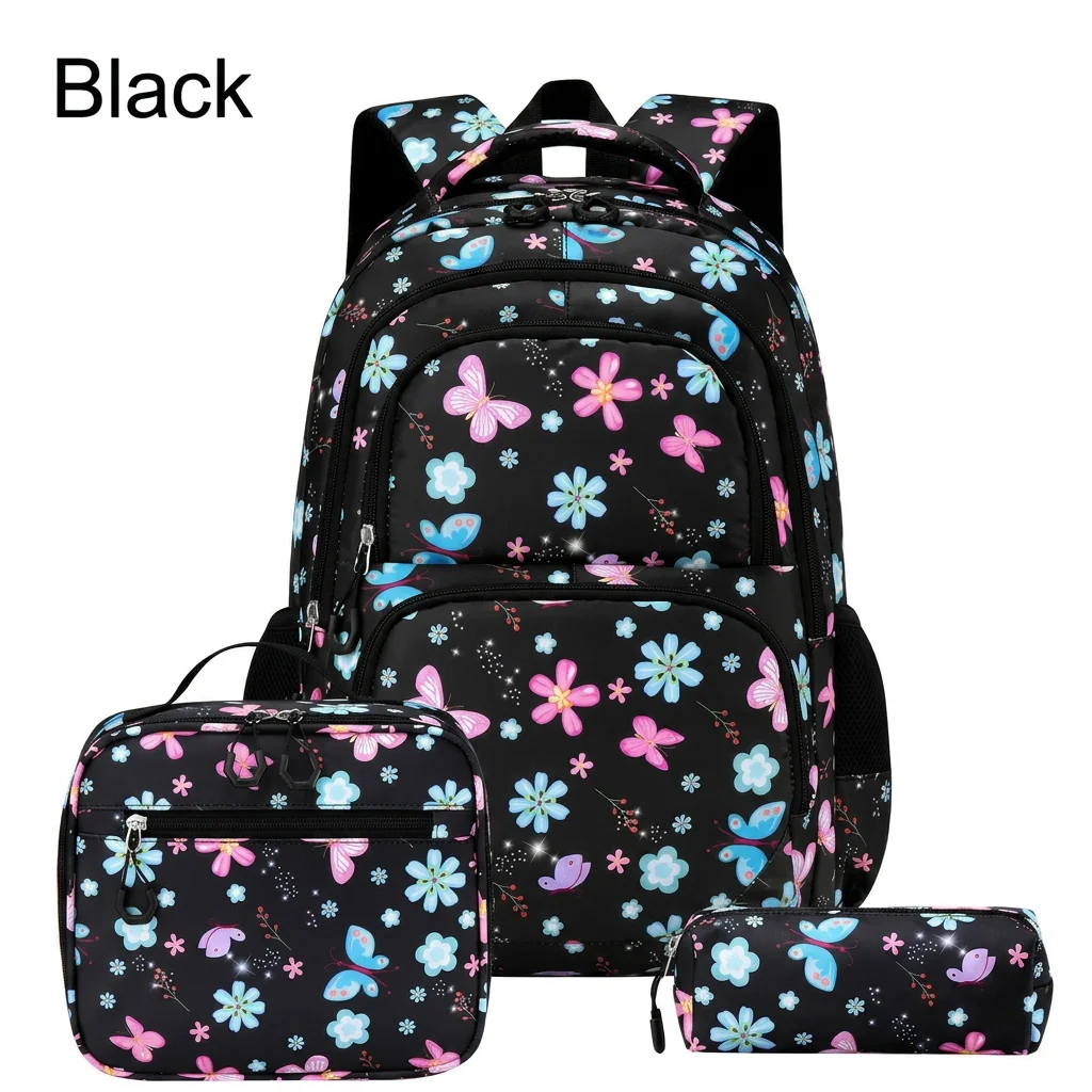 Butterfly Print Backpack Large Capacity Flower Print Backpack Kids School Bag Set Pressure-Relief System Insulated Lunch Bag 3